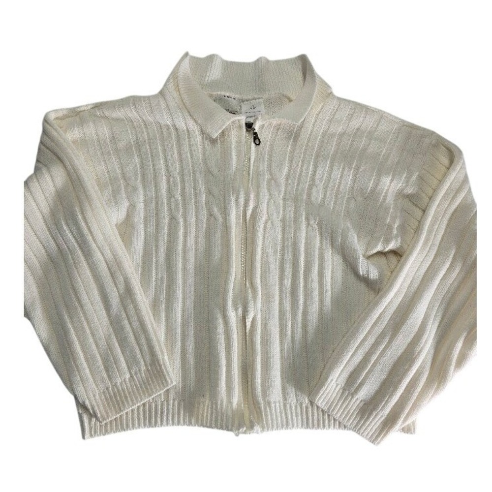 New Moves Womens Knit Zip Up Sweater L Cream Ribbed Mock‎ Neck
